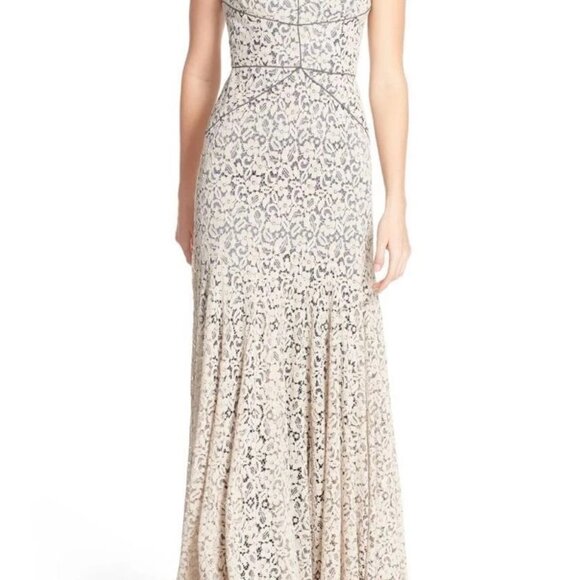 Vera Wang Lace Maxi Dress Beige Gray Piped V-Neck Formal Gown Womens 12 NWT - Picture 3 of 15
